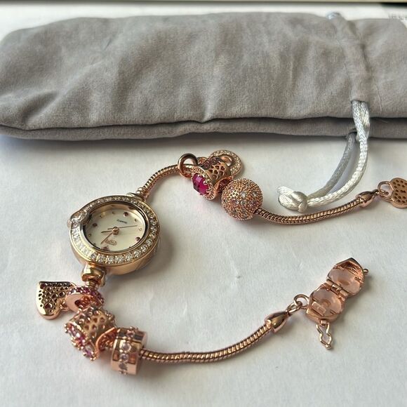 Women’s ruby bracelet watch with crystal beaded rose gold NEW - Picture 1 of 6